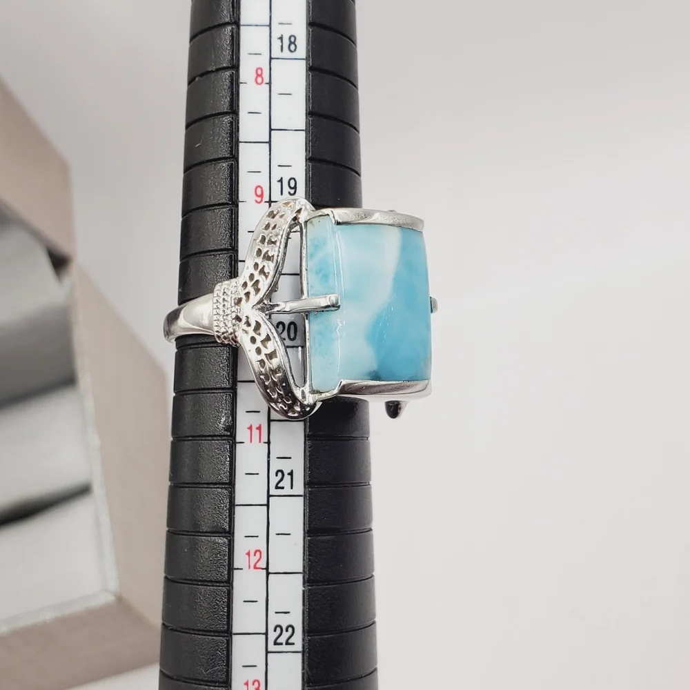925 Sterling Silver Genuine Rectangle Blue Larimar Statement Ring